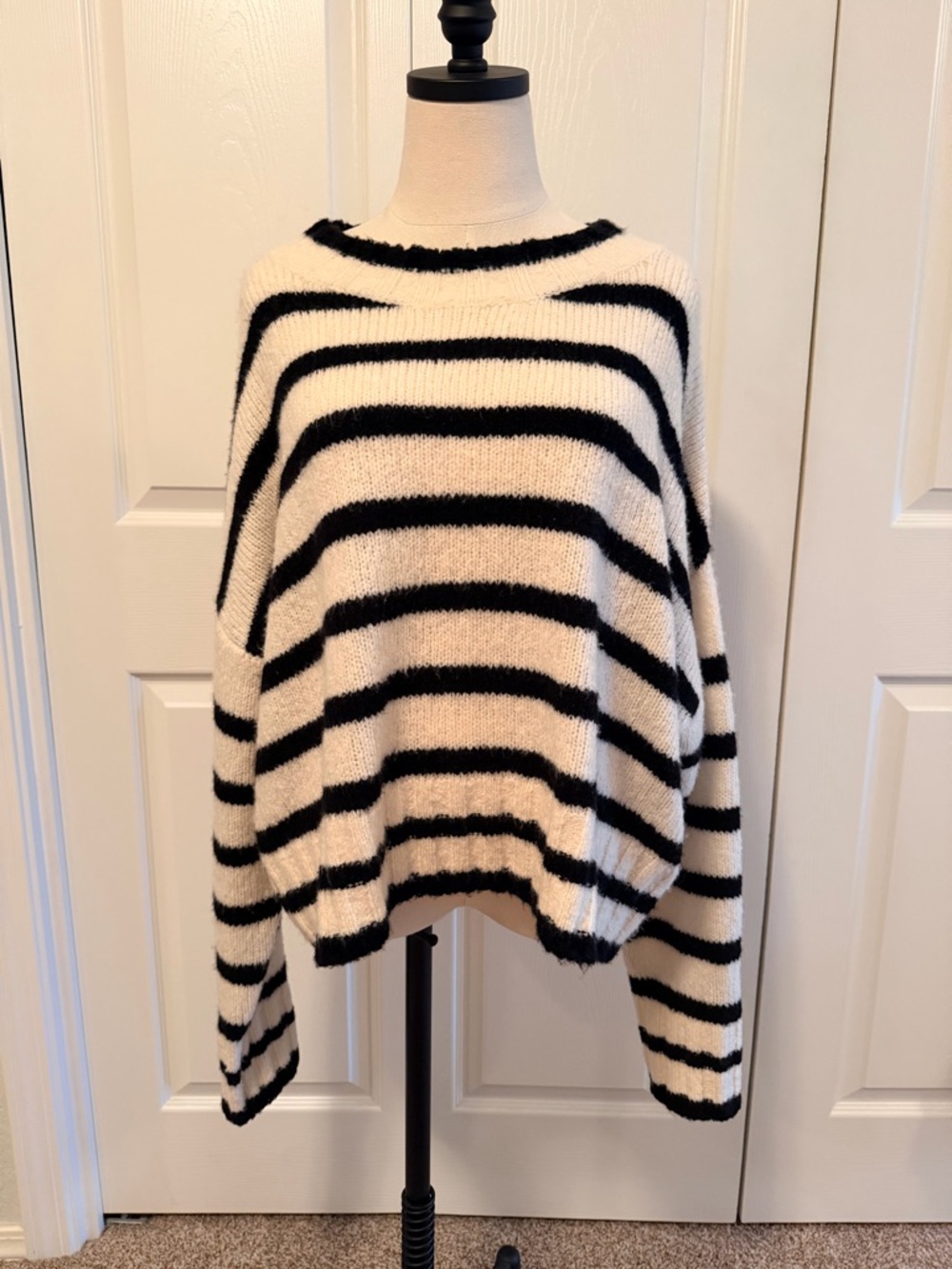KULE Cream and Black Fuzzy Striped Crewneck Sweater